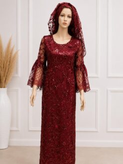 Boubou Burgundy Sequin Lace avec Capuche