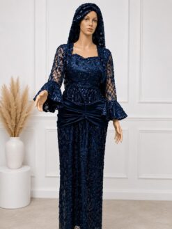Boubou Navy Blue Sequin Lace avec Capuche